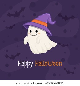cute halloween ghost in witch's hat on purple background. Funny ghost in flat style.Vector illustration
