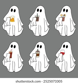 Fantasmas de Halloween bonitos com cerveja, café, smoothie, e cola. Divertido conjunto de vetor temático de bebida.