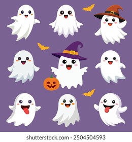 Cute Halloween ghosts cartoon set, vector illustration