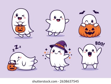 Cute Halloween Ghosts Character Set, Adorable Spooky Spirit Poses. Vector illustration