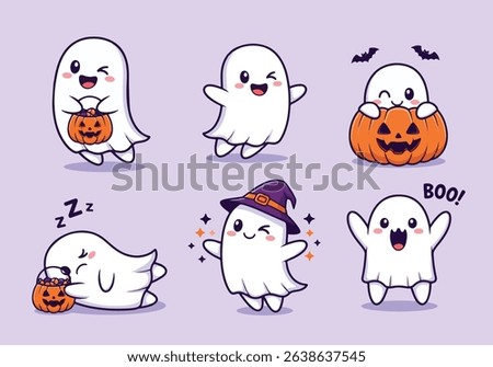 Cute Halloween Ghosts Character Set, Adorable Spooky Spirit Poses. Vector illustration