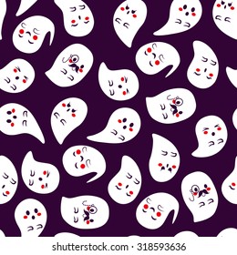 Cute Halloween ghosts characters seamless pattern on purple background