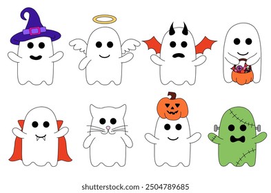 Cute Halloween ghosts in costumes. Holidays cartoon characters. Vector Flat Illustration.