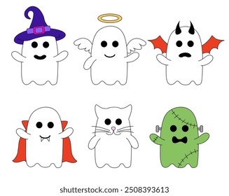 Cute Halloween ghosts in costumes. Holidays cartoon characters. Vector Flat Illustration.