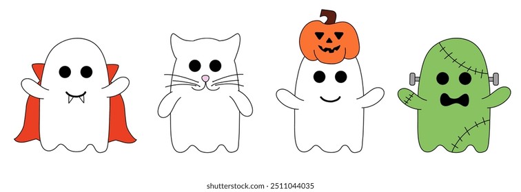 Cute Halloween ghosts in costumes. Holidays cartoon characters. Vector Flat Illustration.