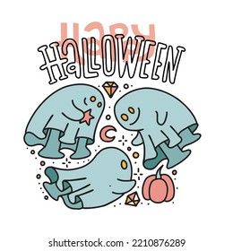 Cute halloween ghosts friends with face expressions conceived dirty trick. Hand drawn magic characters for kids. Lettering text greeting card. Doodle friendly creatures for poster, invitation. Vector