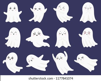 Cute halloween ghosts. Frightened funny ghost, curious spook and spooky devil smiling ghostly child character, boohoo emotion cartoon vector isolated icons illustration set