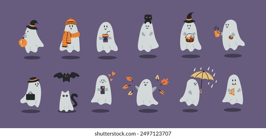 Cute Halloween Ghosts. Fun Spirits with Witch Hats, Cats, Pumpkins, and Autumn Leaves. Fall Activities. Spooky elements set. Vector flat Illustration on violet Background. 