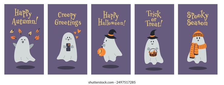 Cute Halloween Ghosts. Fun Spirits with Witch Hats, Cats, Pumpkins, and Autumn Leaves. Fall Activities. Spooky elements set. Vector flat Illustration on violet Background. 