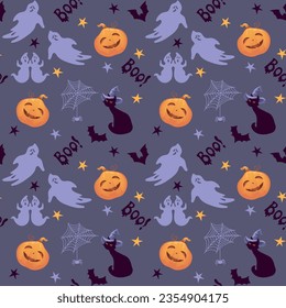 cute halloween ghosts hand drawn seamless pattern. Background with simple spooky character or scary ghost monsters. vector illustration