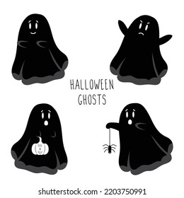 Cute halloween ghosts holding pumpkinand spider silhouettes 