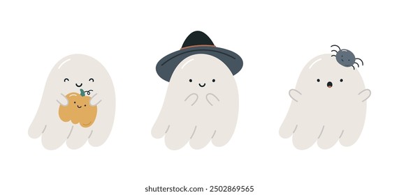 Cute Halloween ghosts. Isolated on white background. Halloween design. Childish Halloween print.