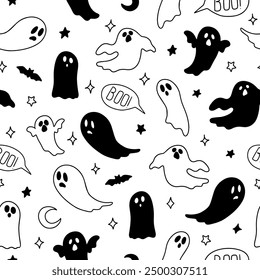 Cute Halloween ghosts line art pattern, black and white seamless pattern, boo, moon, ghost, stars