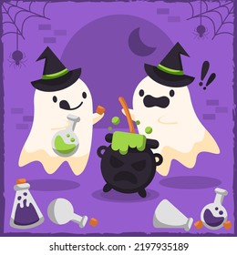 Cute Halloween ghosts making a spell in a cauldron.