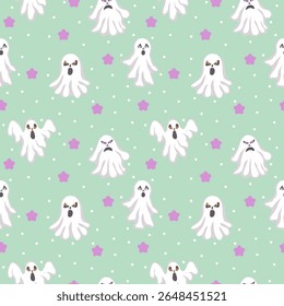 Fantasmas de Halloween bonitos no padrão sem emenda mint spooky. Impressão de férias moderna para têxtil, tecido, papel de parede, envoltório, envoltório de presente, papel, scrapbook e embalagem. Ilustração vetorial.