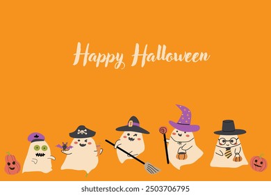 Cute Halloween ghosts party celebration card design. Funny spooky characters in witch, sorcerer, pirate, zombie costumes. Childish greeting card for Halloween Day holiday.