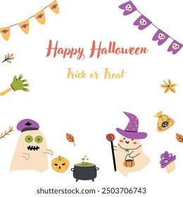 Cute Halloween ghosts party invitation card design. Funny spooky characters in costumes. Childish greeting card for Halloween Day holiday with candy and autumn fall leaves.