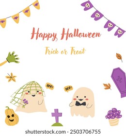 Cute Halloween ghosts party invitation card design. Funny spooky characters in bride and groom costumes. Childish greeting card for Halloween Day holiday with candy and autumn fall leaves.