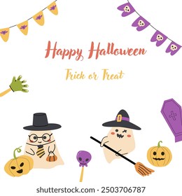 Cute Halloween ghosts party invitation card design. Funny spooky characters in witch and sorcerer costumes. Childish greeting card for Halloween Day holiday with candy and autumn fall leaves.