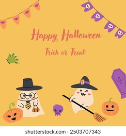 Cute Halloween ghosts party invitation card design. Funny spooky characters in costumes. Childish greeting card for Halloween Day holiday with candy and autumn fall leaves.