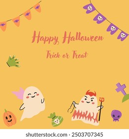 Cute Halloween ghosts party invitation card design. Funny spooky characters in angel and devil costumes. Childish greeting card for Halloween Day holiday with candy and autumn fall leaves.