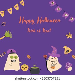 Cute Halloween ghosts party invitation card design. Funny spooky characters in costumes. Childish greeting card for Halloween Day holiday with candy and autumn fall leaves.