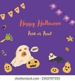 Cute Halloween ghosts party invitation card design. Funny spooky characters in costumes. Childish greeting card for Halloween Day holiday with candy and autumn fall leaves.