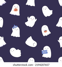 Cute Halloween ghosts pattern. Seamless kids background with happy boo characters repeating print. Endless texture design with funny kawaii spirits. Flat vector illustration for holiday decoration