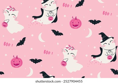 Cute Halloween Ghosts with pink background, seamless pattern design.