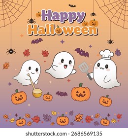 Fantasmas lindos de Halloween con calabazas y murciélagos en escena festiva