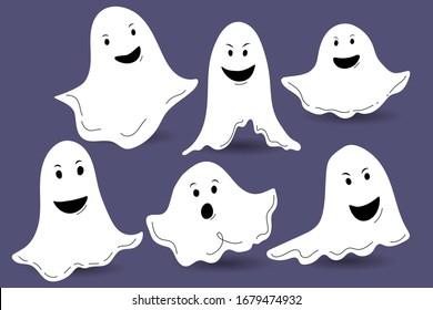 Cute Halloween ghosts. Scared funny ghost with different emotions. Set of icons isolated on a purple background. Cartoon vector illustration.