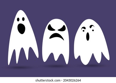 Cute Halloween ghosts. Scared funny ghost with different emotions. Set of icons isolated on a purple background. Cartoon vector stock illustration.