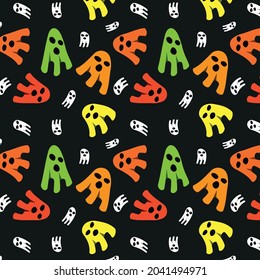 Cute Halloween Ghosts seamless pattern  in orange, green, red yellow and white on black background. 
For Halloween posters, T shirts and greeting cards 