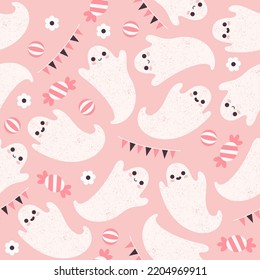 Cute Halloween ghosts seamless pattern. Vector illustration.