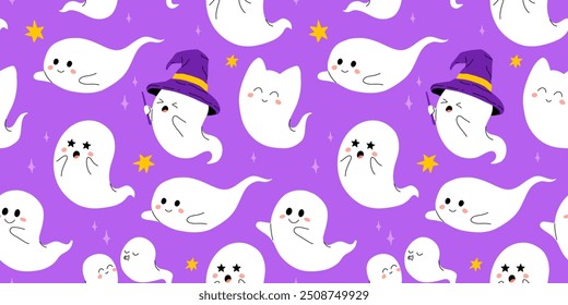 Cute halloween ghosts seamless pattern. Vector isolated illustration of funny, adorable ghost, symbol of October holiday Halloween. Fantasy monster saying Boo. Smiling creature.