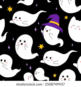 Cute halloween ghosts seamless pattern. Vector isolated illustration of funny, adorable ghost, symbol of October holiday Halloween. Fantasy monster saying Boo. Smiling creature.