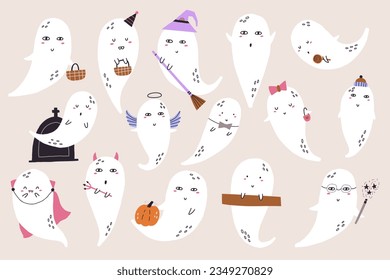 Cute Halloween Ghosts Set in hand drawn style. Scary Holiday doodle vector characters