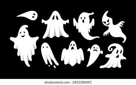 Cute Halloween Ghosts Set. Hand drawn spooky flying spirits collection. Cartoon funny ghost isolated on black background. Vector simple halloween horror characters. Creepy Halloween party costume.