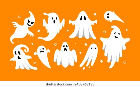 Cute Halloween Ghosts Set. Hand drawn spooky flying white spirits collection. Cartoon funny ghost on orange background. Vector simple halloween horror characters. Creepy Halloween party costume.