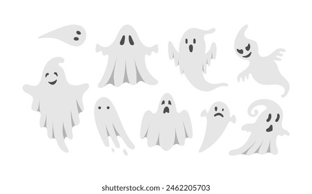 Cute Halloween Ghosts Set. Hand drawn spooky flying spirits collection. Cartoon funny ghost isolated on white background. Vector simple halloween horror characters. Creepy Halloween party costume.