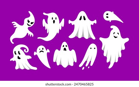 Cute Halloween Ghosts Set. Hand drawn spooky flying white spirits collection. Cartoon funny ghost on violet background. Vector simple halloween horror characters. Creepy Halloween party costume