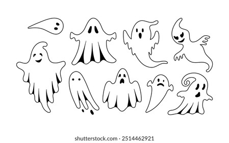 Cute Halloween Ghosts Set. Hand drawn spooky flying spirits collection. Doodle funny ghost isolated on white background. Vector simple halloween horror characters. Creepy Halloween party costume.