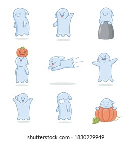 Los fantasmas de Halloween están aislados en un fondo blanco. Feliz, enojado, triste, diferentes personajes fantasmas. Volando, con calabaza y con máscaras faciales, fantasmas de dibujos animados. Ilustración plana vectorial.