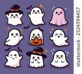 Cute halloween ghosts set. Vector isolated illustration of adorable ghost, kawaii halloween.