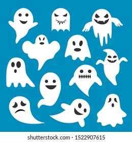 Cute halloween ghosts set. Vector cartoon spooky ghost characters. Happy halloween scary faces illustration isolated on blue background