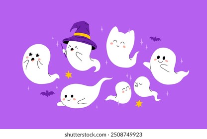 Cute halloween ghosts set. Vector isolated illustration of funny, adorable ghost, symbol of October holiday Halloween. Fantasy monster saying Boo. Smiling creature.