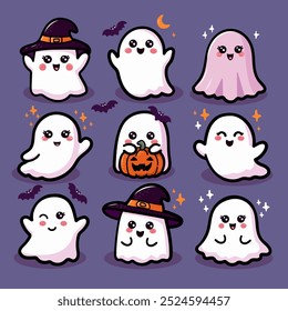 Cute halloween ghosts set. Vector isolated illustration of adorable ghost, kawaii halloween.