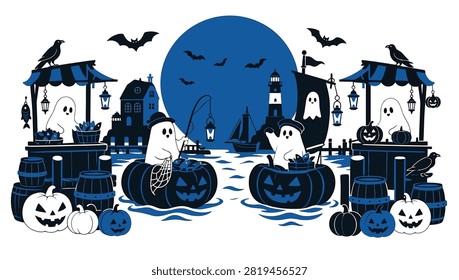 Cute halloween ghosts in a spooky coastal town at night with full moon, lighthouse, boats, and market stalls vector illustration