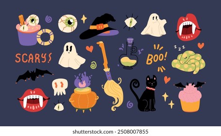 Cute Halloween ghosts, vampires, snakes and decorations illustration set for media design. Spooky modern vector objects and doodles. Trendy flat art vector set