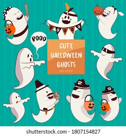 cute halloween ghosts vector. 
happy little ghosts dressed as ghosts, cat, pirate, cowboy, thief